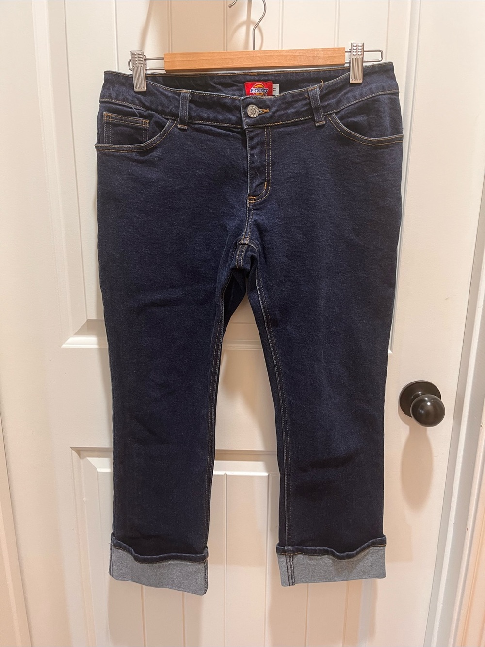 Dickies Juniors/Women's Cropped Dark Wash Blue Jeans, Cuffed, Y2K - 11
